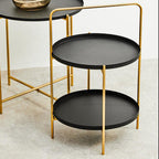 Black Rounded Shelves Two-Tier Side Table with Gold Iron Stand