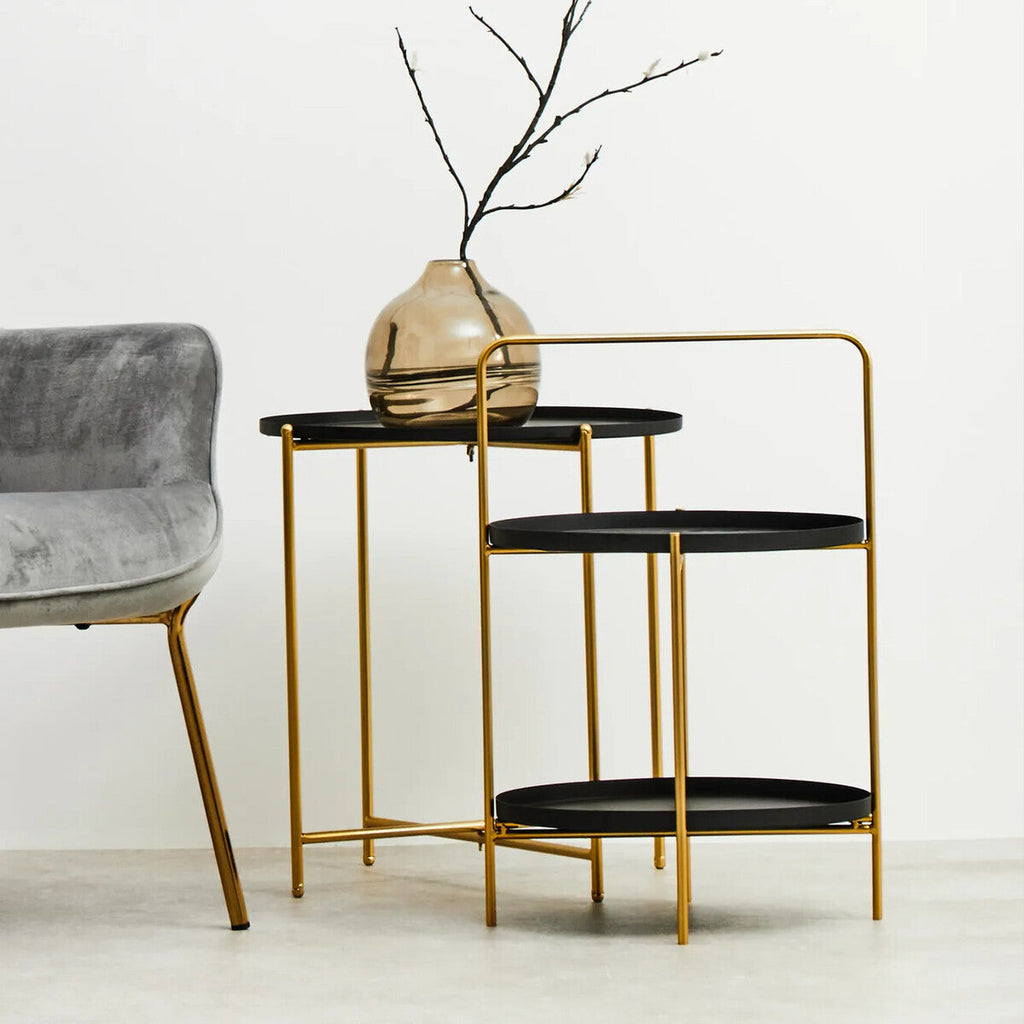 Black Rounded Shelves Two-Tier Side Table with Gold Iron Stand