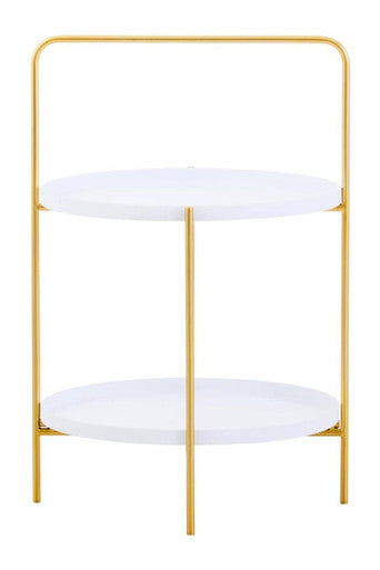 White Rounded Shelves Two-Tier Side Table with Gold Iron Stand