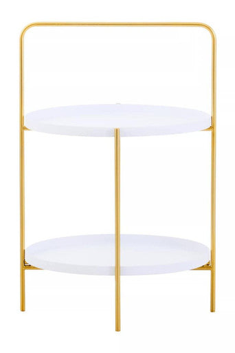 White Rounded Shelves Two-Tier Side Table with Gold Iron Stand
