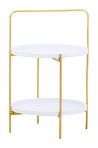 White Rounded Shelves Two-Tier Side Table with Gold Iron Stand