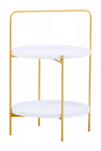 White Rounded Shelves Two-Tier Side Table with Gold Iron Stand