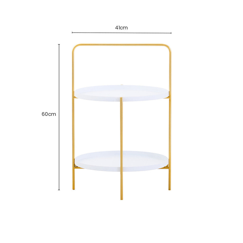 White Rounded Shelves Two-Tier Side Table with Gold Iron Stand