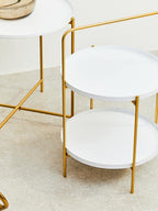 White Rounded Shelves Two-Tier Side Table with Gold Iron Stand