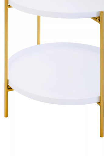 White Rounded Shelves Two-Tier Side Table with Gold Iron Stand