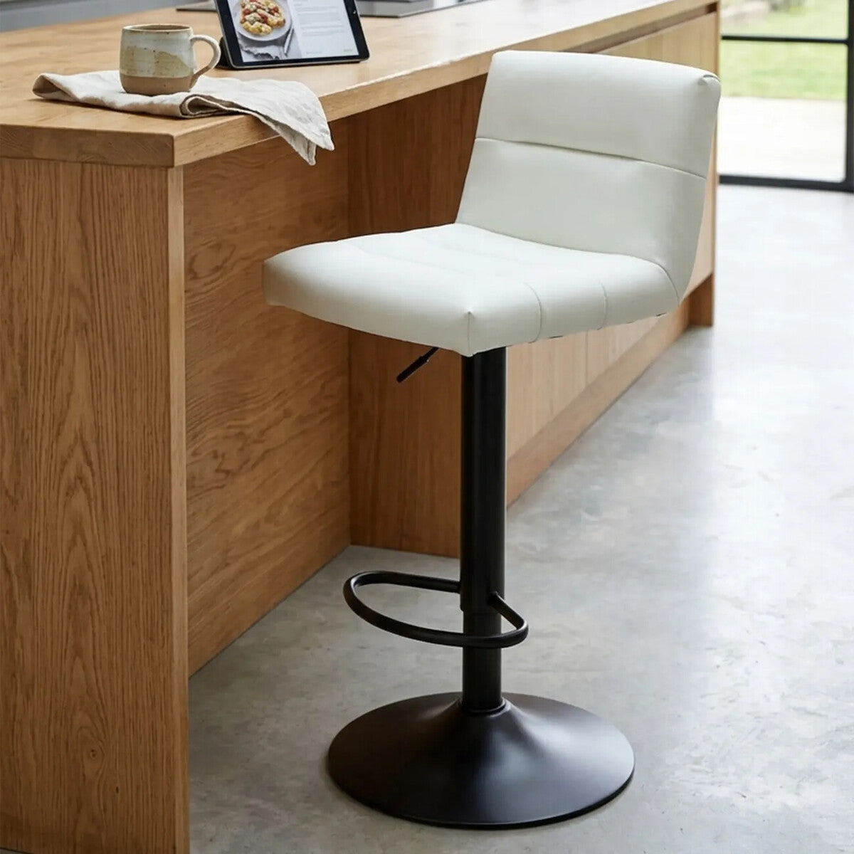 White Leather Effect Adjustable Bar Stool with Black Base
