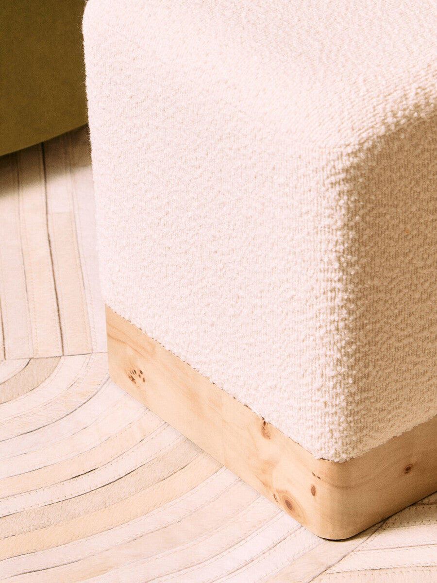 Cream Boucle Square Stool with Minimalist Profile