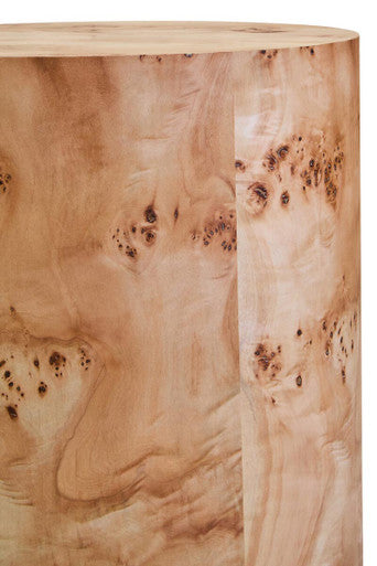 Natural Burl Wood Round Side Table with Drum Shape Design