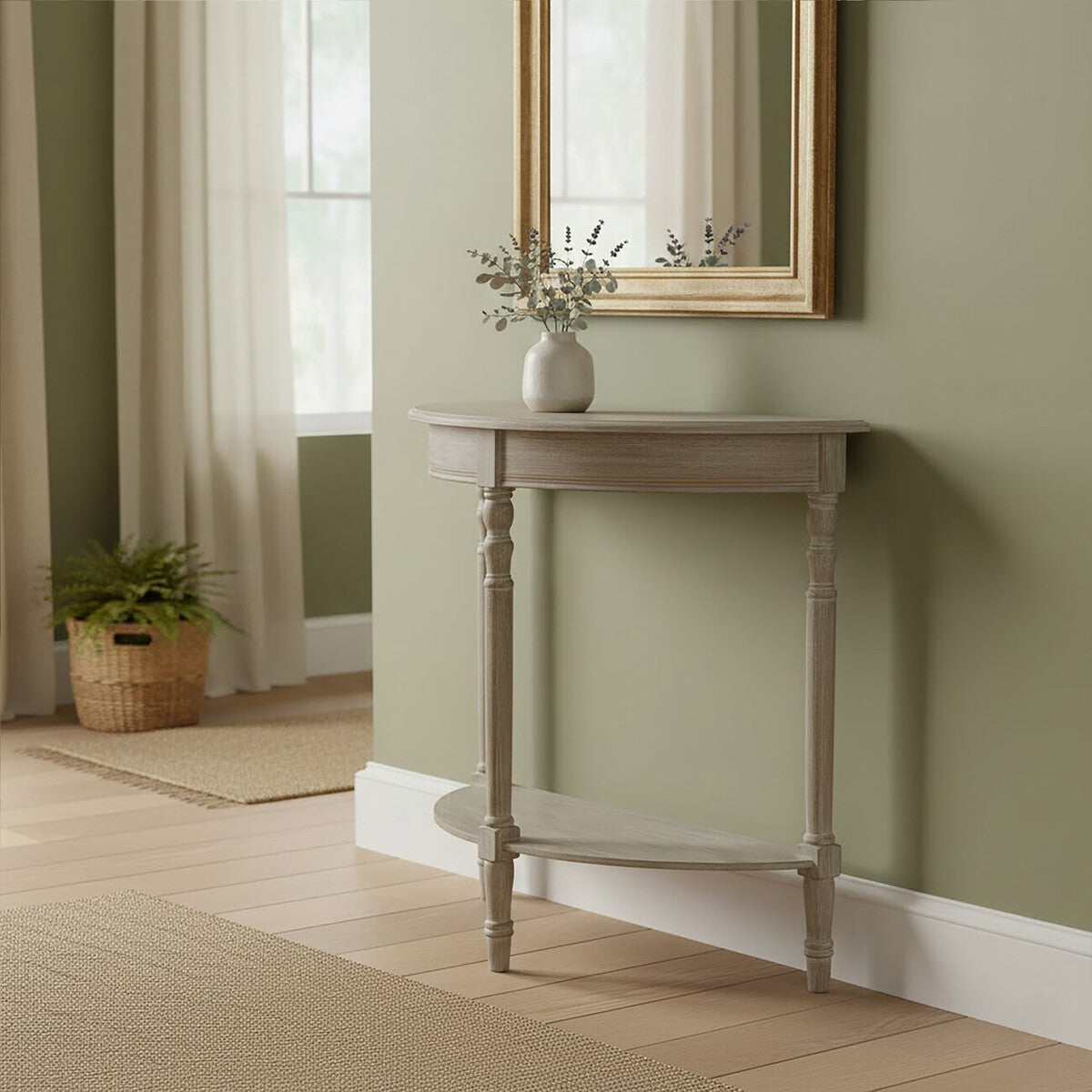 Natural Wash Wooden Half Moon Console Table with Lower Shelf