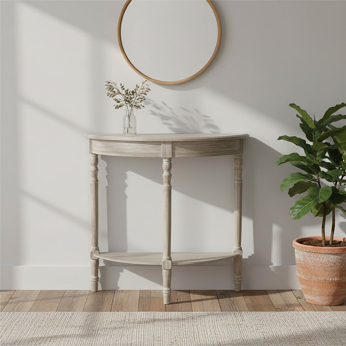 Natural Wash Wooden Half Moon Console Table with Lower Shelf