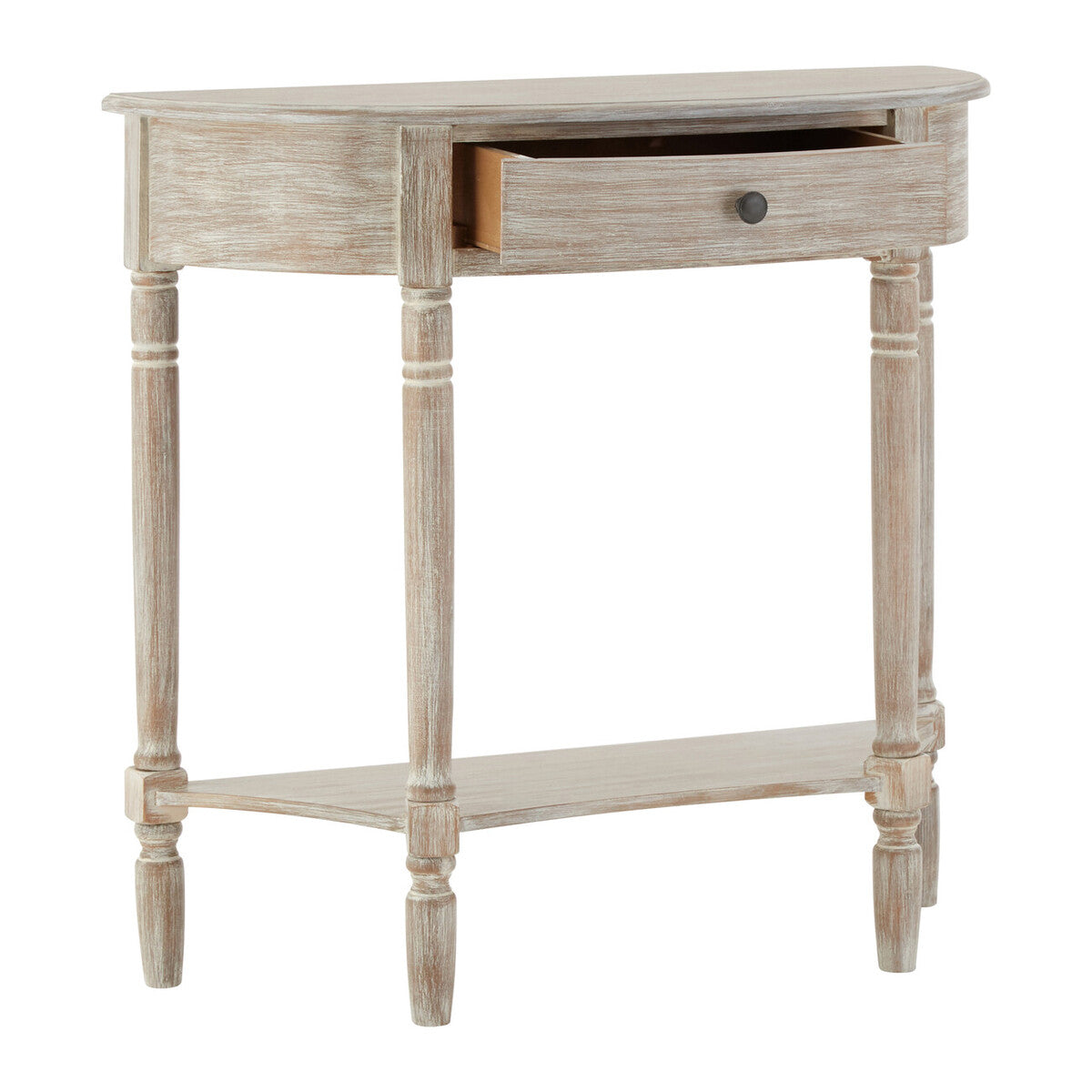 Grey Half Moon Wooden Console Table with 1 Drawer and 1 Lower Open Storage Shelf