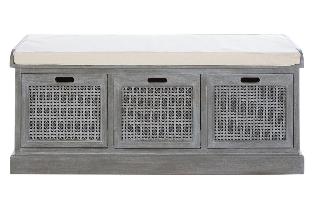 Grey Wash Wooden and Rattan 3 Drawer Storage Bench with Cushion