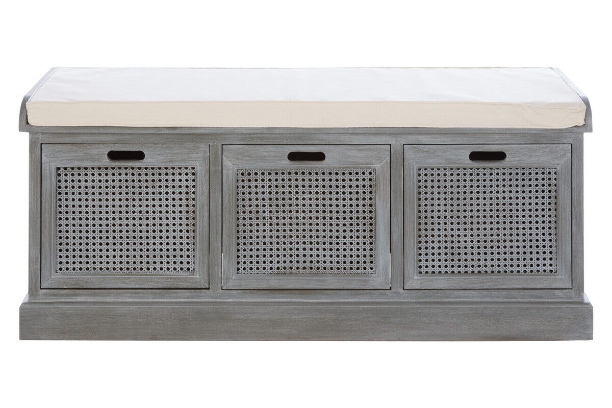 Grey Wash Wooden and Rattan 3 Drawer Storage Bench with Cushion