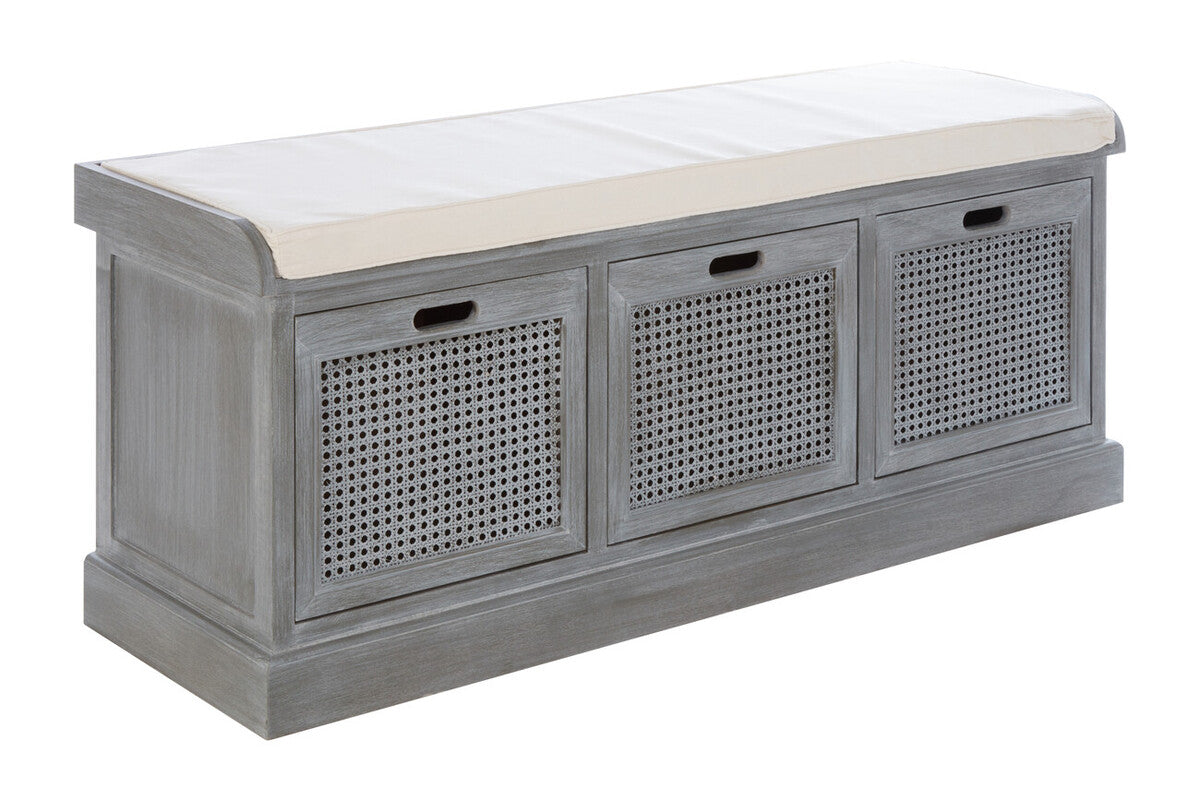 Grey Wash Wooden and Rattan 3 Drawer Storage Bench with Cushion