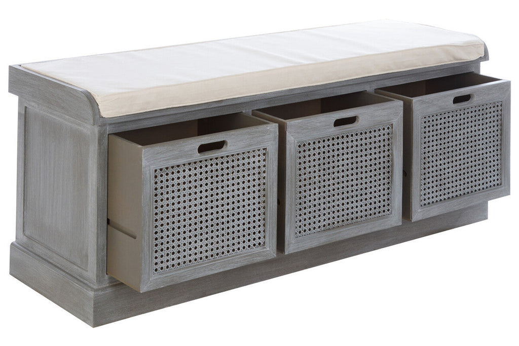 Grey Wash Wooden and Rattan 3 Drawer Storage Bench with Cushion