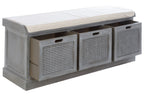 Grey Wash Wooden and Rattan 3 Drawer Storage Bench with Cushion