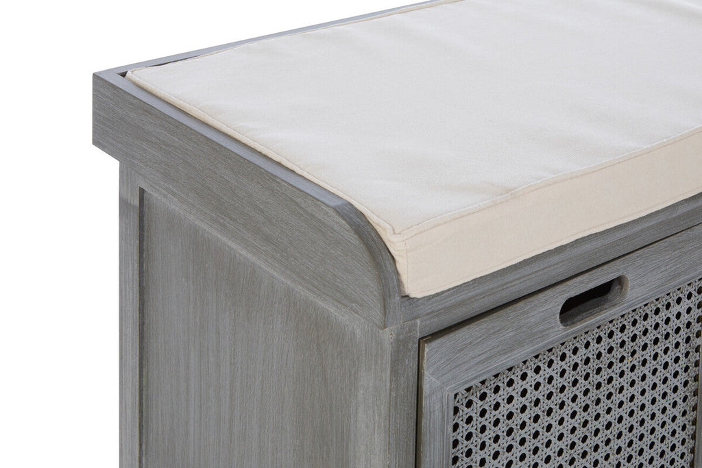 Grey Wash Wooden and Rattan 3 Drawer Storage Bench with Cushion