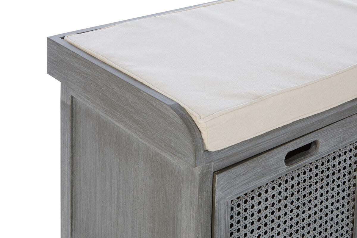 Grey Wash Wooden and Rattan 3 Drawer Storage Bench with Cushion