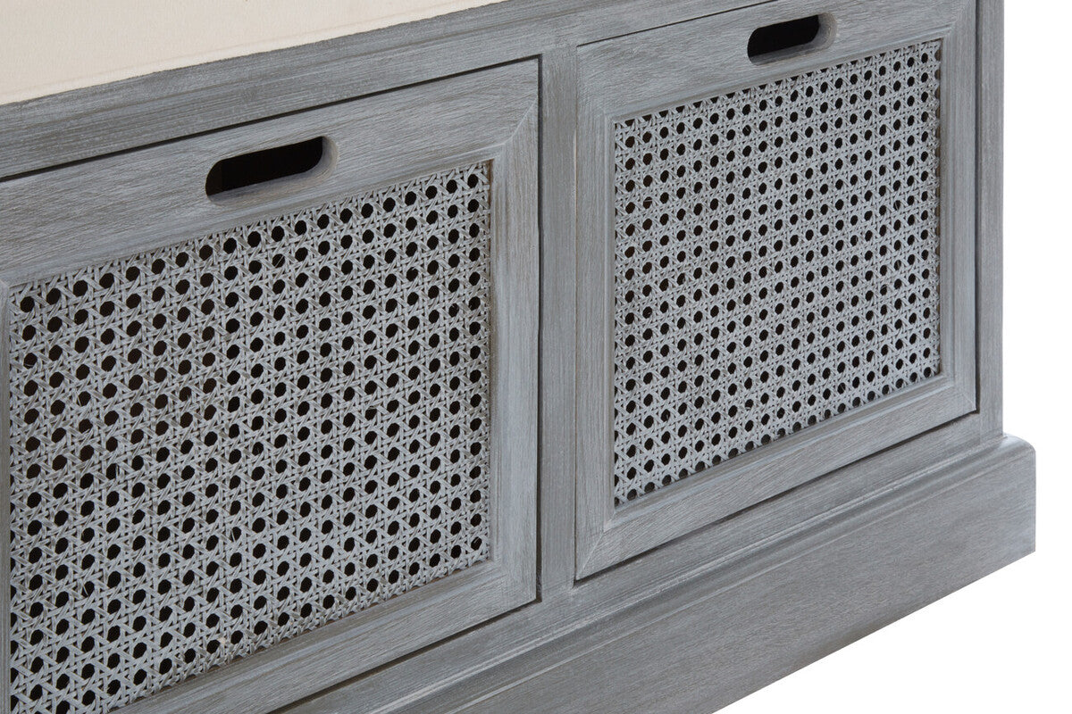 Grey Wash Wooden and Rattan 3 Drawer Storage Bench with Cushion