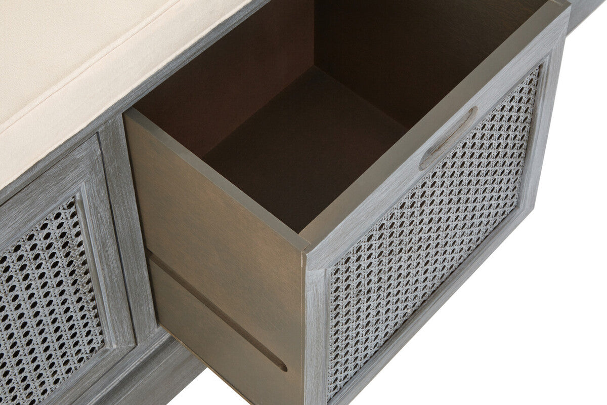 Grey Wash Wooden and Rattan 3 Drawer Storage Bench with Cushion