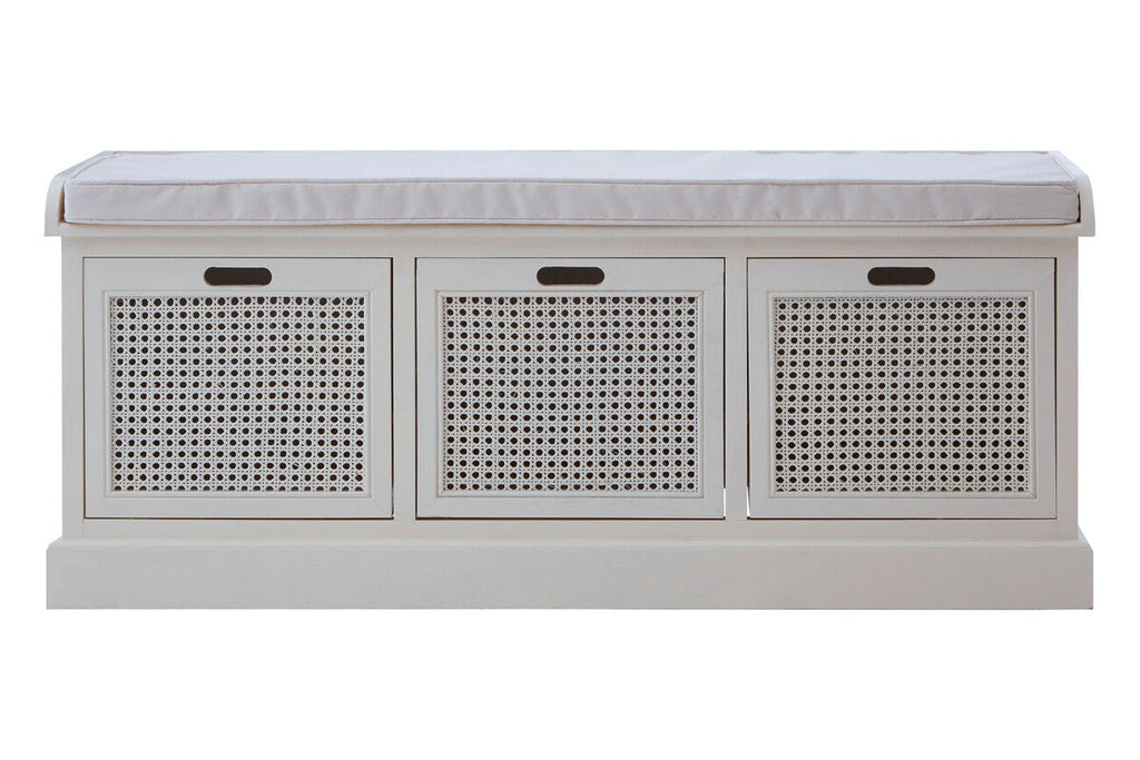 White Wooden and Rattan 3 Drawer Storage Bench with Cushion