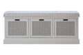 White Wooden and Rattan 3 Drawer Storage Bench with Cushion