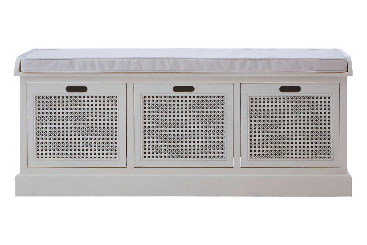 White Wooden and Rattan 3 Drawer Storage Bench with Cushion