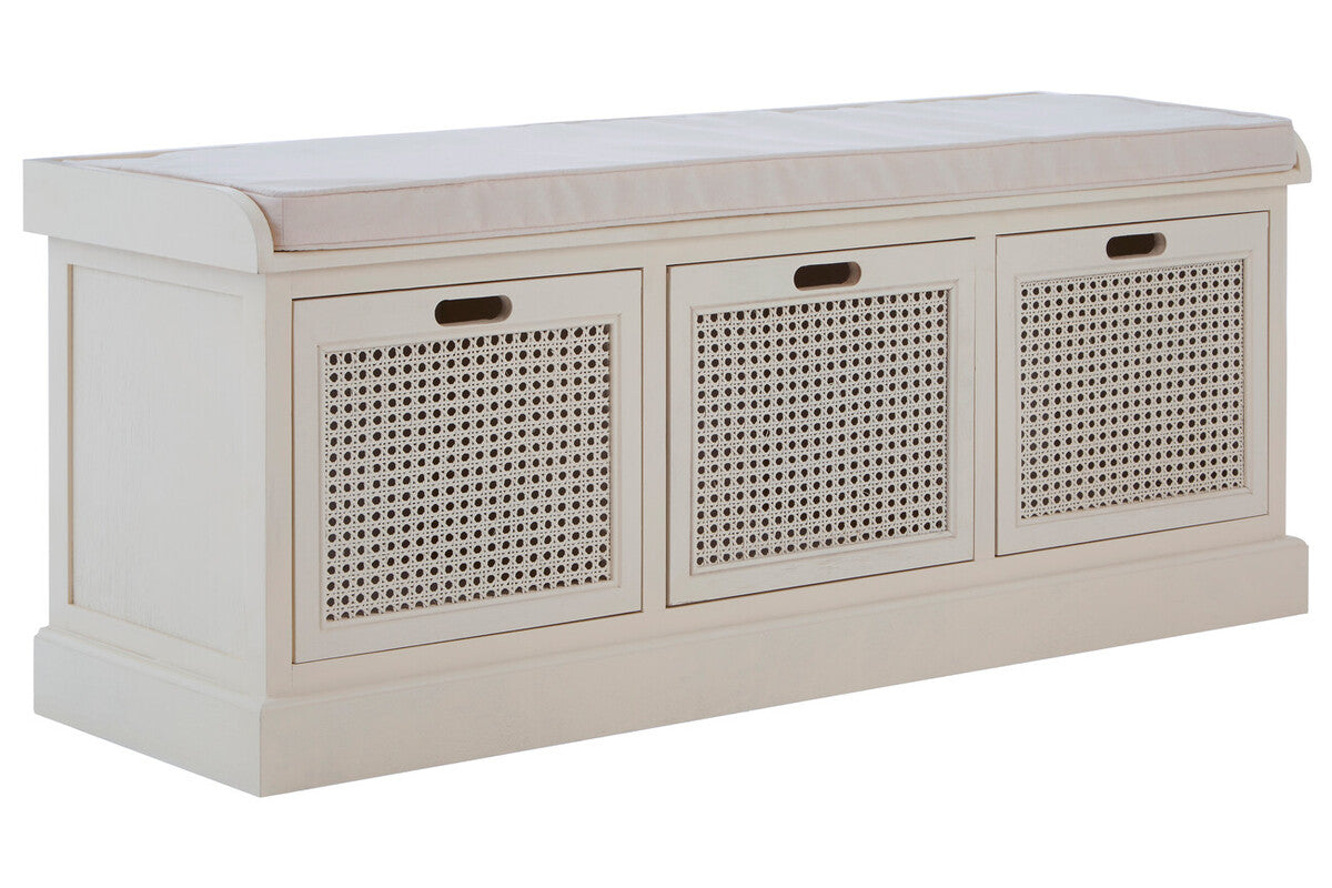 White Wooden and Rattan 3 Drawer Storage Bench with Cushion