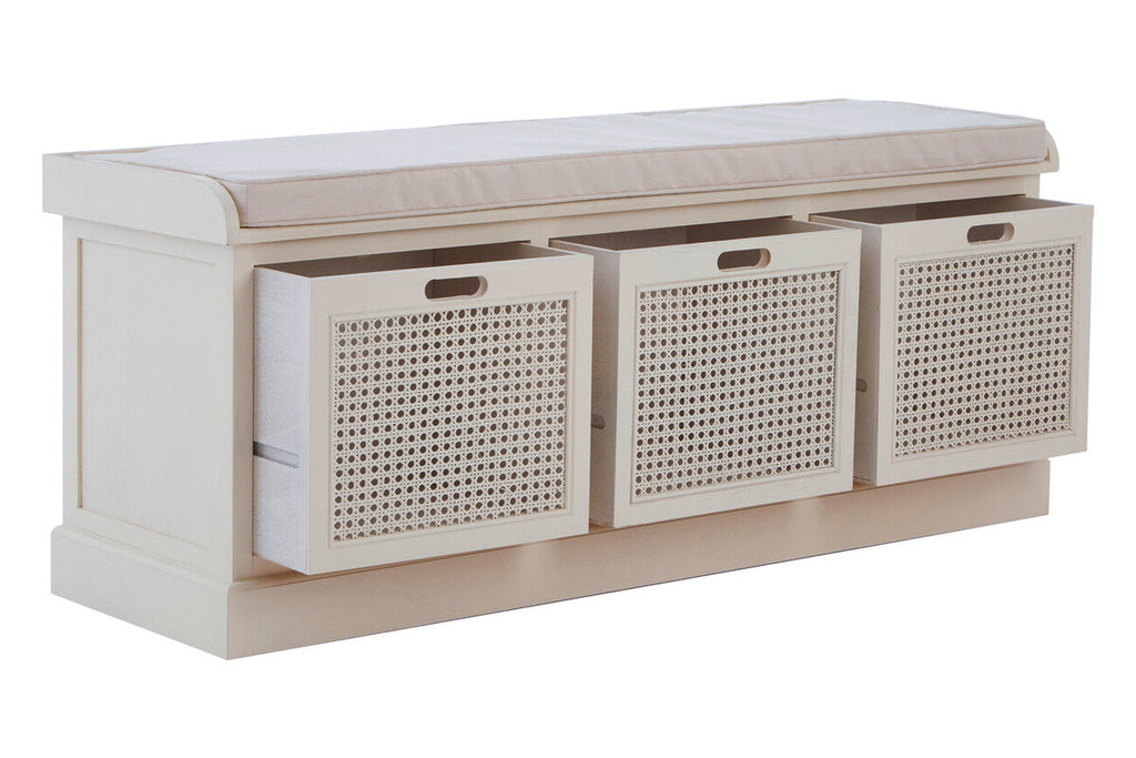 White Wooden and Rattan 3 Drawer Storage Bench with Cushion