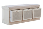 White Wooden and Rattan 3 Drawer Storage Bench with Cushion