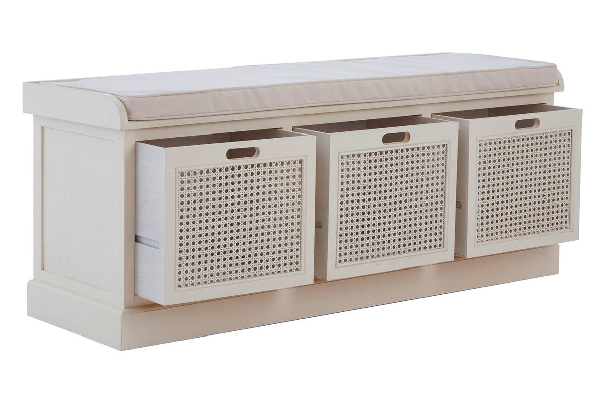 White Wooden and Rattan 3 Drawer Storage Bench with Cushion