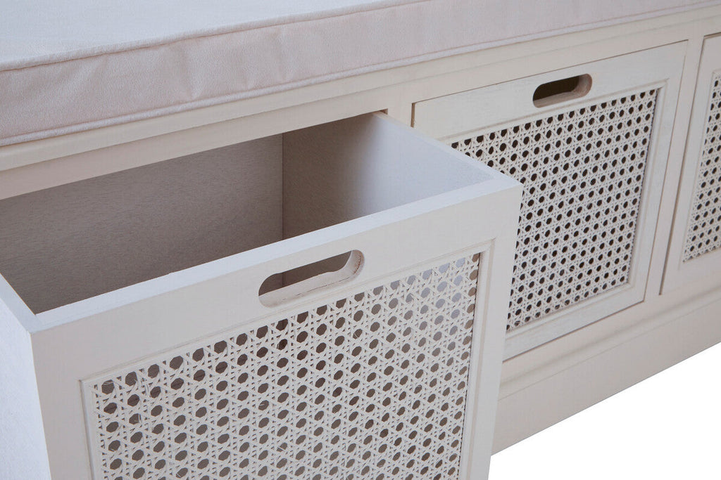 White Wooden and Rattan 3 Drawer Storage Bench with Cushion