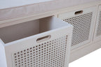 White Wooden and Rattan 3 Drawer Storage Bench with Cushion