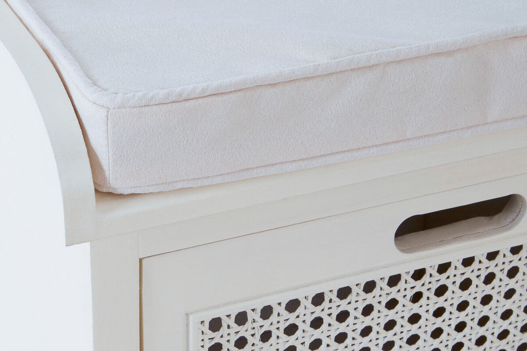 White Wooden and Rattan 3 Drawer Storage Bench with Cushion