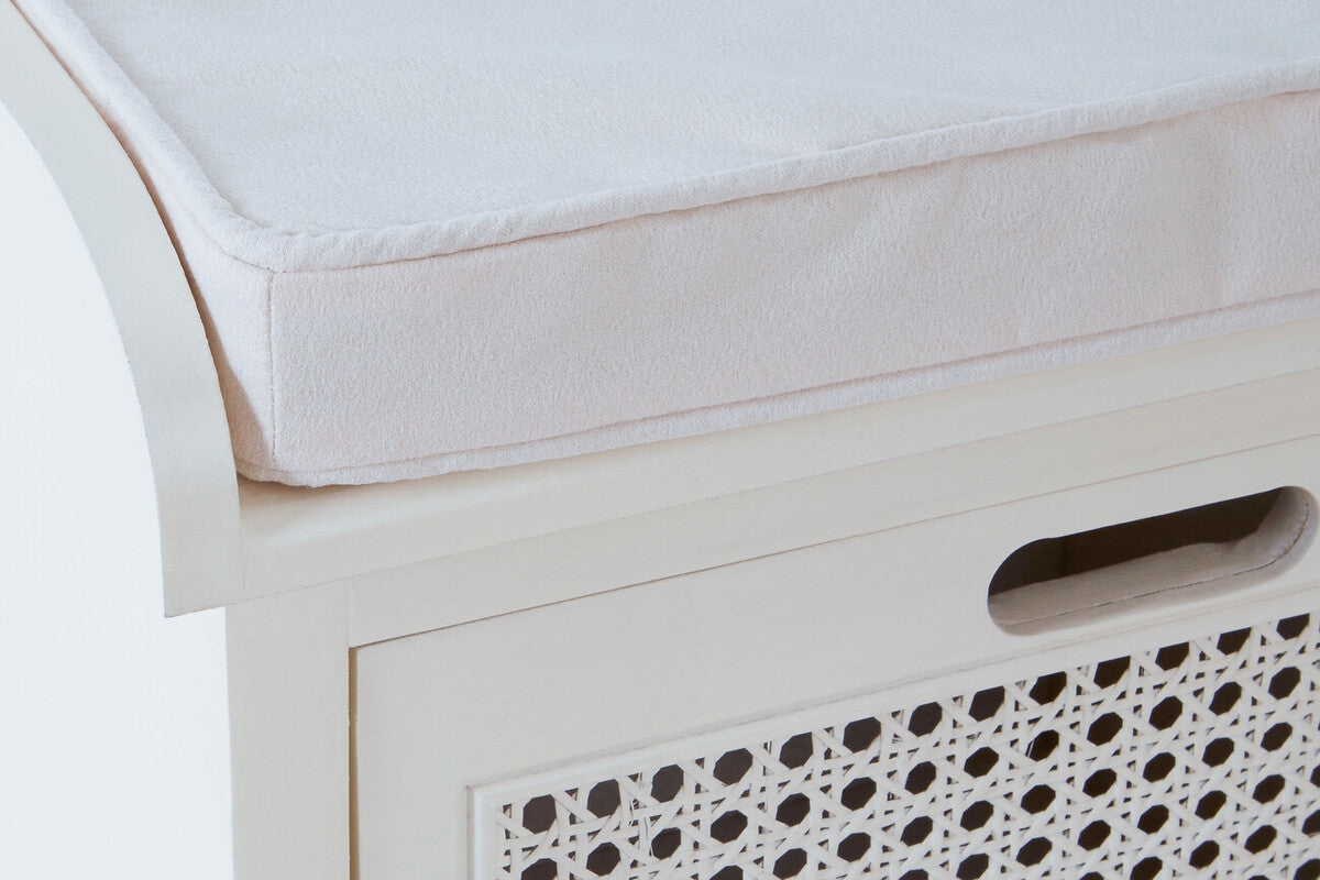 White Wooden and Rattan 3 Drawer Storage Bench with Cushion