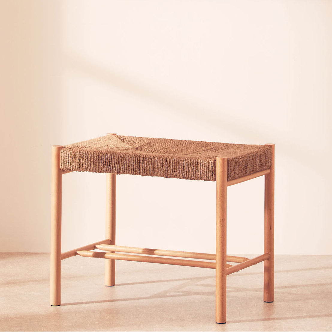 Natural Rope Woven Small Bench with Wooden Legs