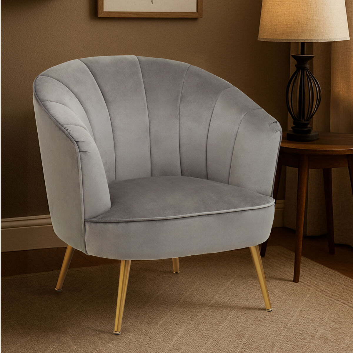 Grey Velvet Chair with Curved Back