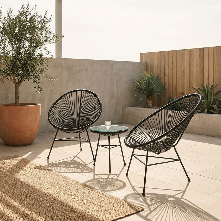 Black Rattan 3 Piece Patio Set with Glass Top Table