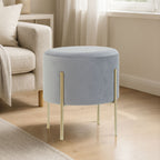 Grey Velvet Round Stool with Gold Finish Legs