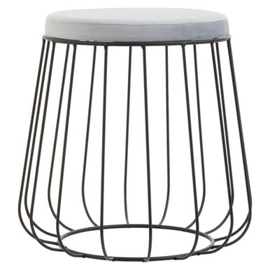 Grey Velvet Round Stool with Black Finish Cage Base