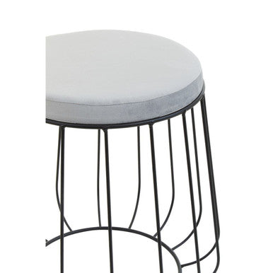 Grey Velvet Round Stool with Black Finish Cage Base