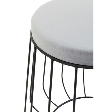 Grey Velvet Round Stool with Black Finish Cage Base