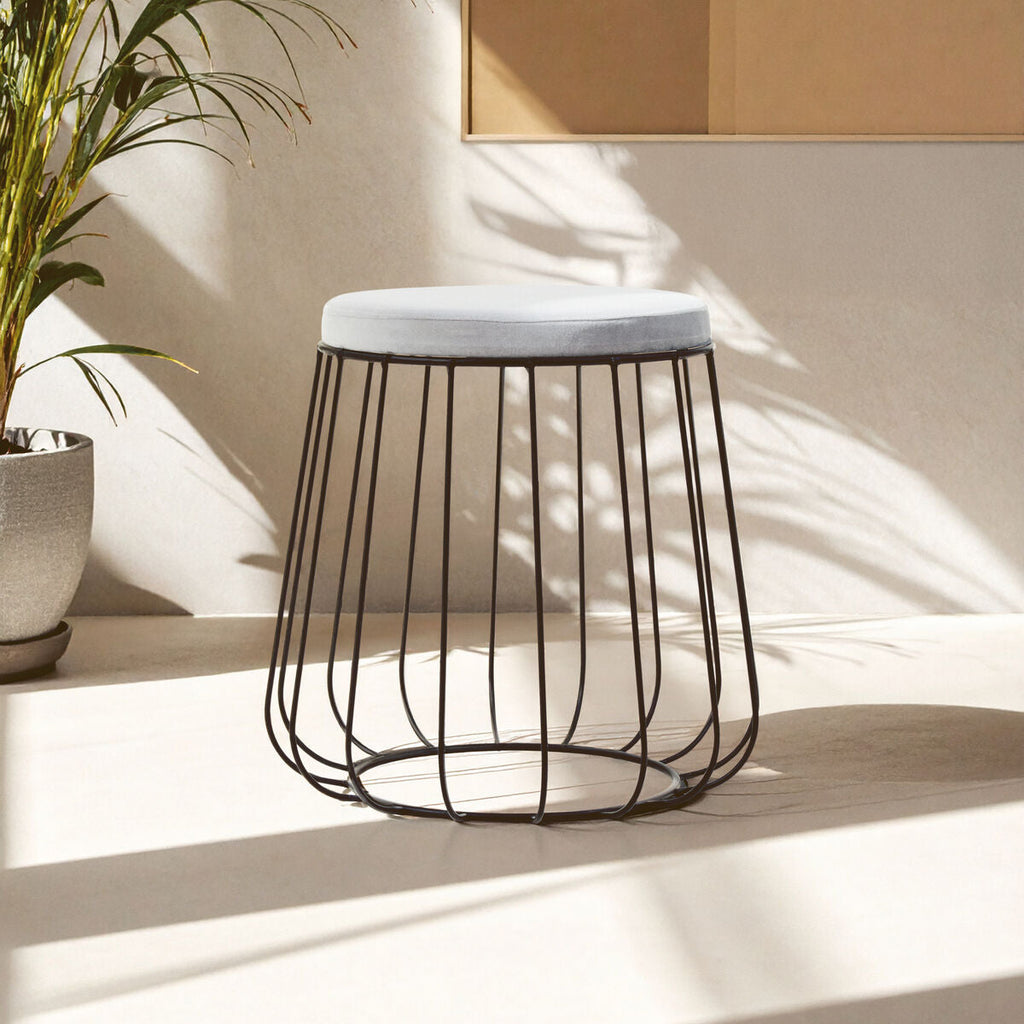 Grey Velvet Round Stool with Black Finish Cage Base