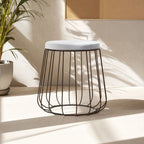 Grey Velvet Round Stool with Black Finish Cage Base