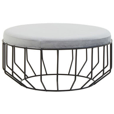 Grey Velvet Large Footstool with Black Finish Cage Base