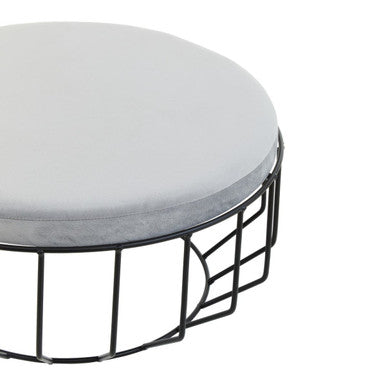 Grey Velvet Large Footstool with Black Finish Cage Base