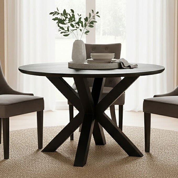 Black Wood Veneer Round Dining Table with Metal Legs