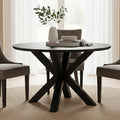 Black Wood Veneer Round Dining Table with Metal Legs