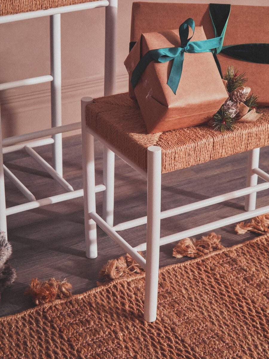 Small Natural Rope White Beechwood Bench with Handwoven Seat