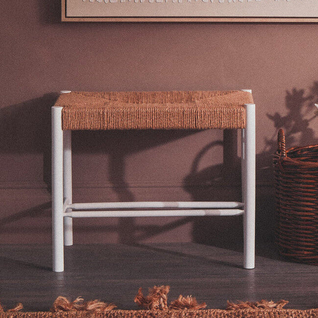 Small Natural Rope White Beechwood Bench with Handwoven Seat